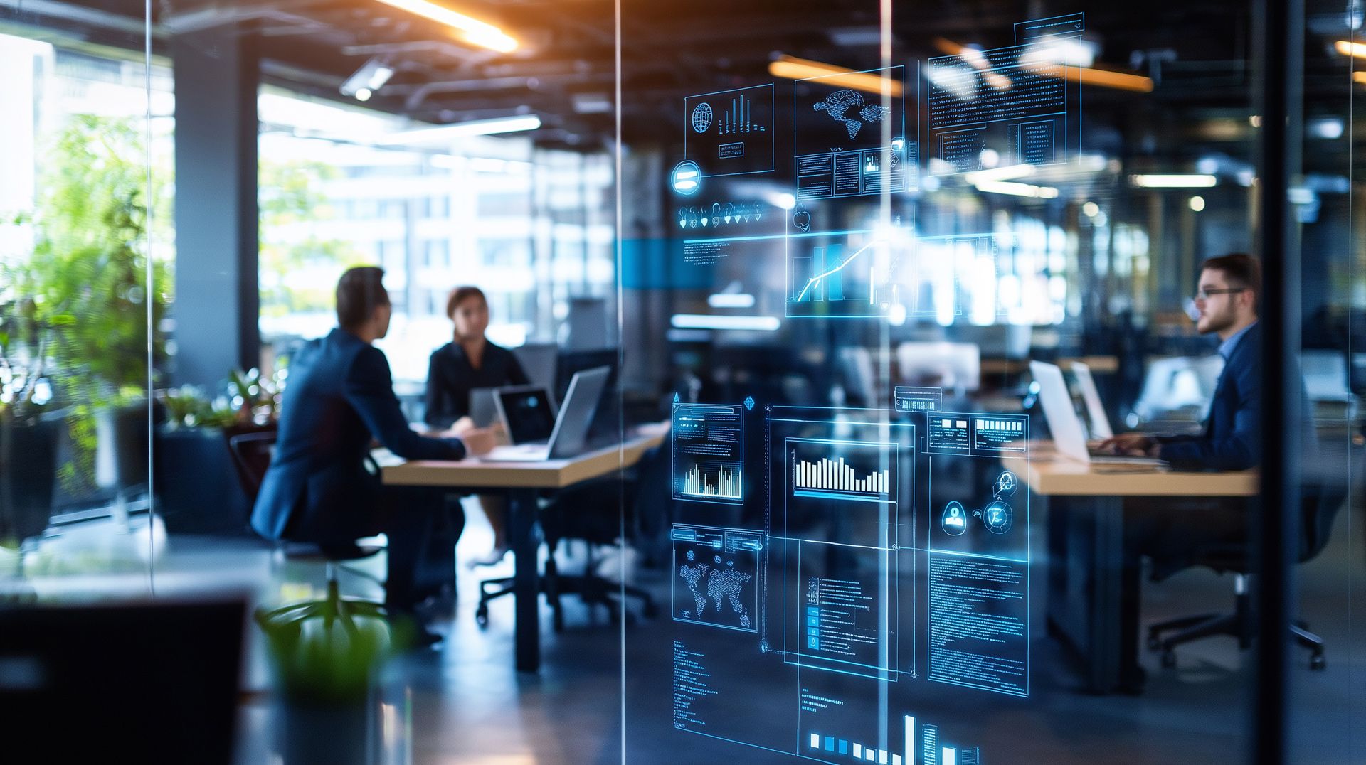 People sitting in a modern office with glass walls with transparent charts